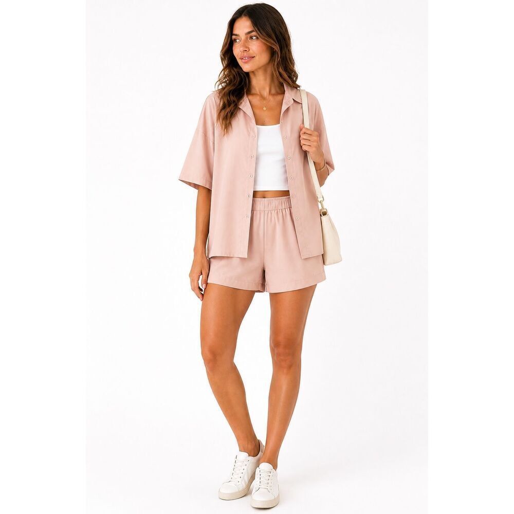 SHEIN Pink Button Up Shirt & Shorts Set Size Medium Casual Lounge Co Ord Outfit